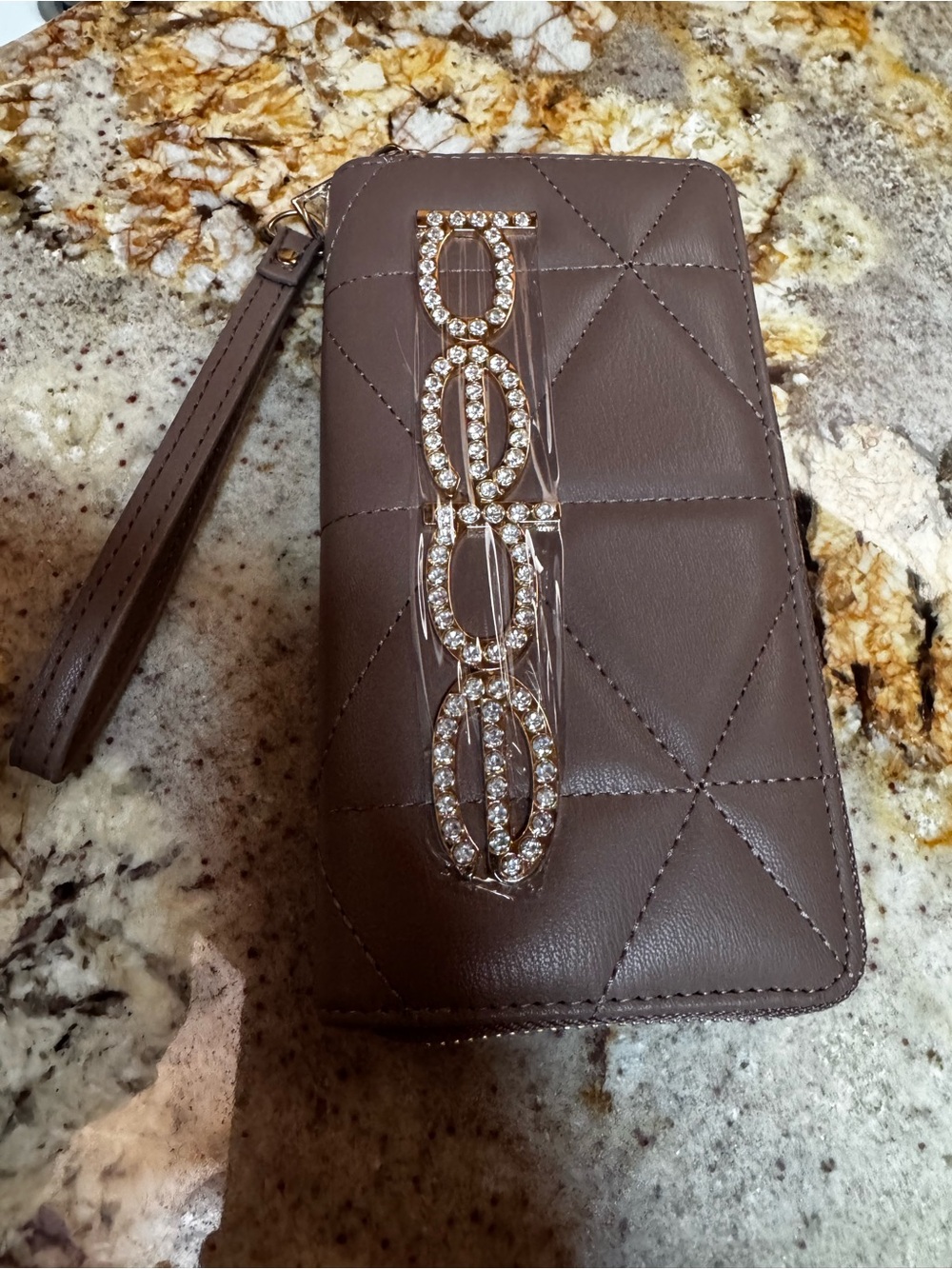 Bebe Zaza rhinestone logo quilted wristlet wallet y2K
